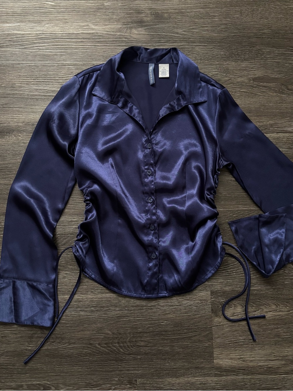 Satin Button-Front Blouse - Navy